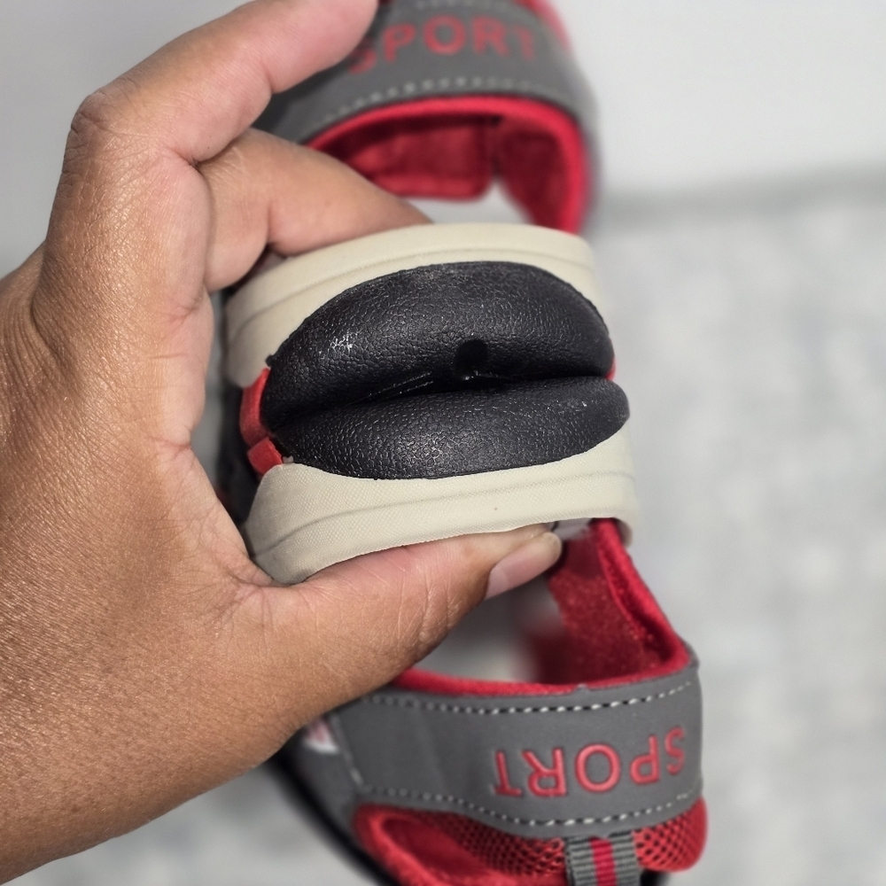 Red and Gray Sandals with Velcro Straps and Cushioned Footbed - Picture 9 of 10